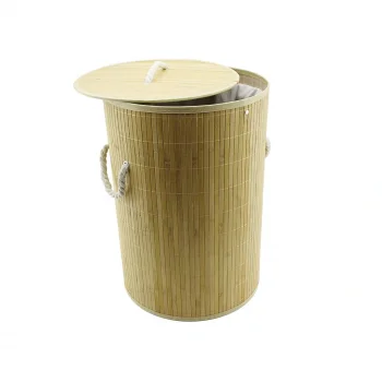 YUVARLAK BAMBU AHŞAP KİRLİ ÇAMAŞIR SEPETİ 35X60CM SEYYAR KAPAKLI İÇİ BEZLİ İP KULPLU (5047)