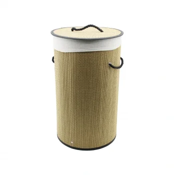 YUVARLAK HASIR - AHŞAP KİRLİ ÇAMAŞIR SEPETİ 37X60CM SEYYAR KAPAKLI İÇİ BEZLİ İP KULPLU (5047)