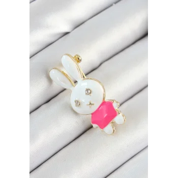 Zirkon Taş Detaylı Beyaz Ve Pembe 3D Tavşan Figürlü Kadın Broş