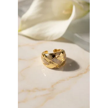 Zirkon Taş Detaylı Geçmeli Örgü Tasarımlı Ayarlanabilir Gold Renk Yüzük