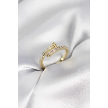 Zirkon Taşlı Gold Renk Yassı Çivi Model Kadın Yüzük