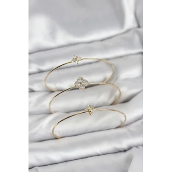 Zirkon Taşlı Gold Renk Yonca Tasarım 3lü Kadın Bileklik Kombini
