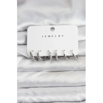 Zirkon Taşlı Gümüş Renk Pirinç Kadın Küpe Seti