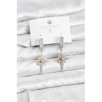 Zirkon Taşlı Gümüş Renk Pirinç Kutup Yıldızı Model Kadın Küpe