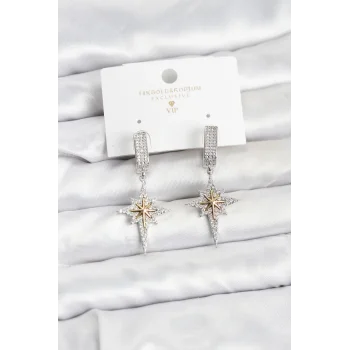 Zirkon Taşlı Gümüş Renk Pirinç Kutup Yıldızı Model Kadın Küpe