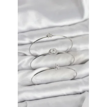 Zirkon Taşlı Gümüş Renk Tek Taş Model 3lü Kadın Bileklik Kombini