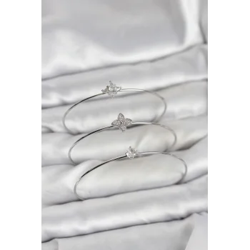 Zirkon Taşlı Gümüş Renk Yonca Model 3lü Kadın Bileklik Kombini