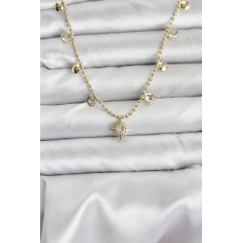 Zirkon Taşlı Kutup Yıldızı Model Pirinç Gold Renk Kadın Kolye
