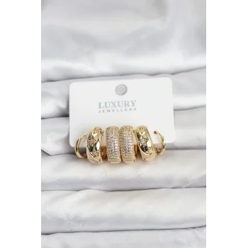 Zirkon Taşlı Pirinç Gold Renk Halka Kadın Küpe Seti