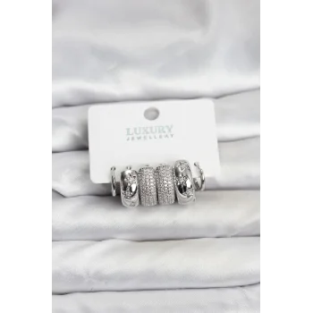 Zirkon Taşlı Pirinç Gümüş Renk Halka Kadın Küpe Seti