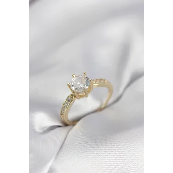 Zirkon Taşlı Tek Taş Model Gold Renk Kadın Yüzük