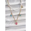 316L Çelik Gold Renk 2Li İnci Zincir Model Pembe Taşlı Kalp Figür Nazar Boncuk Detay Kadın Kolye