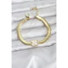 316L Çelik Gold Renk Beyaz Yonca Model Zirkon Taşlı Yılan Zincirli Kadın Bileklik