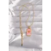 316L Çelik Gold Renk Pembe Mineli Güneş Model Tarot Kolye