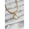 316L Çelik Gold Renk Yassı Zincir İnci Taşlı Kolye