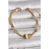 316L Çelik Gold Renk Yassı Zincir Zirkon Taşlı Simli Kelebek Figür Kadın Bileklik