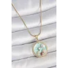 316L Çelik Gold Renk Zincir Mavi Mineli İnci Çiçek İşlemeli Zirkon Taş Detaylı Madalyon Model Kadın Kolye