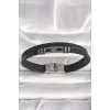 316L Çelik Gümüş Renk Gemi Dümeni Figür Siyah Burgu Deri Kordon Model Erkek Bileklik