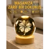 Bitki Temalı LED Işıklı Cam Küre Ahşap Standlı Modern Gece Lambası