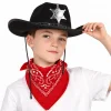 Çocuk Kovboy Şapka Rozetli Siyah & Kırmızı Bandana Fular Seti