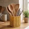 Kare Hasır Dokulu Plastik Rattan Kaşıklık &amp; Çatallık – Askılı Kendiliğinden Tutmalı Çok Amaçlı Mutfak Organizeri (5047)
