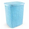 Kirli Çamaşır Sepeti Kapaklı 65 LT Örgü Desenli Plastik Çamaşır Sepeti Banyo Sepeti - Mavi