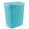 Kirli Çamaşır Sepeti Kapaklı 65 LT Örgü Desenli Plastik Çamaşır Sepeti Banyo Sepeti - Turkuaz
