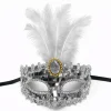 Lüks Gümüş Tüylü Taşlı Balo Maskesi