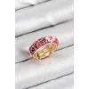 Pirinç Fuşya Mineli Çiçek Motifli Gold Renk Ayarlanabilir Kadın Yüzük