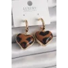 Pirinç Gold Renk 3D Kalp Leopar Desen Model Kadın Küpe