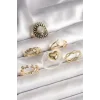 Pirinç Gold Renk Beyaz Gül Figür Kalp İşlemeli Sarmal Detay 6Lı Kadın Yüzük Seti