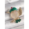 Pirinç Gold Renk Beyaz Mineli Kalp Yeşil Sinek Kuşu Model Pembe Zirkon Taş Detay Kadın Broş