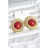 Pirinç Gold Renk Bordo Boncuklu Vintage Kadın Küpe