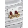 Pirinç Gold Renk Bordo Taşlı Vintage Kadın Küpe