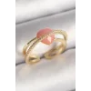 Pirinç Gold Renk Pembe Kristal Kalp Model Zirkon Taş Detaylı Kadın Yüzük