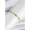 Pirinç Gold Renk Pembe ve Mor Zirkon Taşlı Çiçek Model Kadın Bileklik