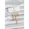 Pirinç Gold Renk Pembe Zirkon Taşlı 3lü Kadın Küpe