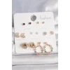 Pirinç Gold Renk Renkli Zirkon Taşlı Kalp Detay 7 Çift Kadın Küpe Seti