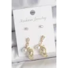 Pirinç Gold Renk Zirkon Taşlı İncili Sallantılı İşlemeli Damla Model 3 Çift Kadın Küpe Seti