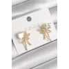 Pirinç Gold Renk Zirkon Taşlı Kurdele Model Kadın Küpe