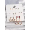 Pirinç Gold Renk Zirkon Taşlı Sallantı Kalp Figür 7 Çift Kadın Küpe Seti