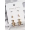 Pirinç Gold Renk Zirkon Taşlı Sallantılı Kalp Model 3 Çift Kadın Küpe Seti