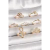 Pirinç Gold Renk Zirkon Taşlı Sonsuzluk Figür Yıldız Detay Kadın Yüzük Kombini