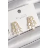 Pirinç Gold Renk Zirkon Taşlı Yaprak Model İnci Detay Kadın Küpe