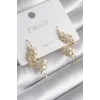 Pirinç Gold Renk Zirkon Taşlı Yaprak Model Kadın Küpe
