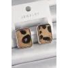 Pirinç Gümüş Renk Leopar Desenli Kare Model Kadın Küpe