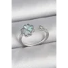 Pirinç Gümüş Renk Mavi Mineli Yonca Model Zirkon Taş Detay Ayarlanabilir Kadın Yüzük