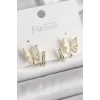 Pirinç Gümüş Renk Zirkon Taş Detaylı Beyaz Sedefli Kelebek Model Kadın Küpe