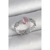 Pirinç Gümüş Renk Zirkon Taş Detaylı Pembe Mineli Damla Model Ayarlanabilir Kadın Yüzük