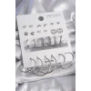 Pirinç Gümüş Renk Zirkon Taşlı 12 Çift Kadın Küpe Seti